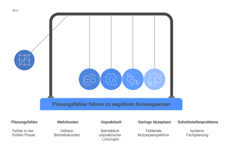Ursache-Wirkungs-Diagramm, das Planungsfehler und ihre Konsequenzen wie Mehrkosten, geringe Akzeptanz und Schnittstellenprobleme als Infografik visualisiert.