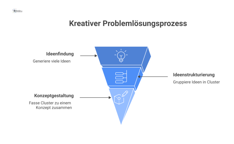 Flussdiagramm: Kreativer Problemlösungsprozess Flussdiagramm, das den kreativen Problemlösungsprozess in drei Phasen darstellt: von der Ideenfindung über die Ideenstrukturierung zur finalen Konzeptgestaltung.