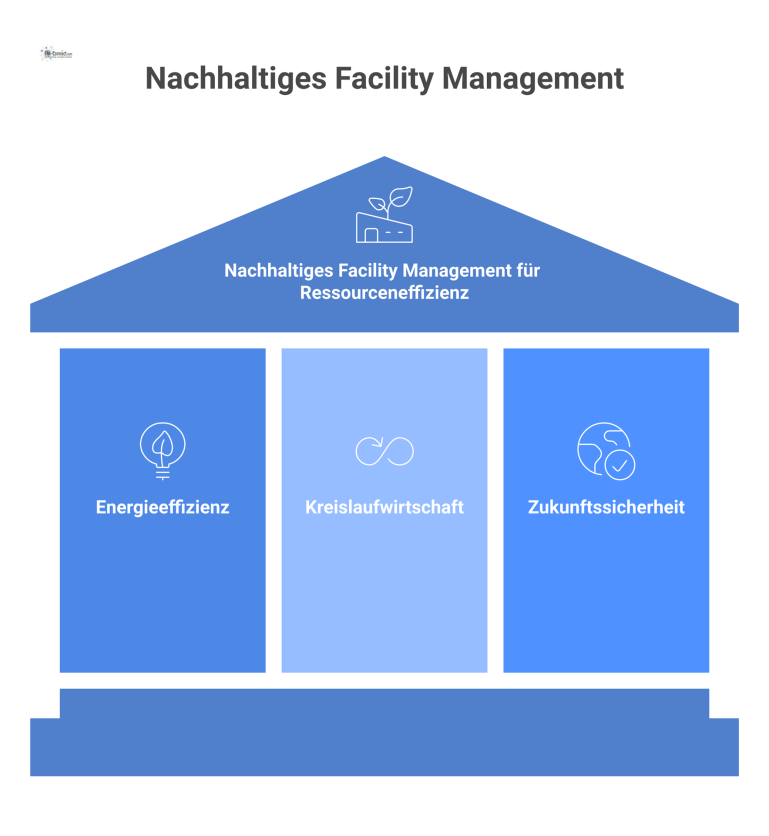 Nachhaltiges Facility Management für Ressourceneffizienz Diagramm zum nachhaltigen Facility Management mit den drei vernetzten Säulen Energieeffizienz, Kreislaufwirtschaft und Zukunftssicherheit, illustriert mit Icons.