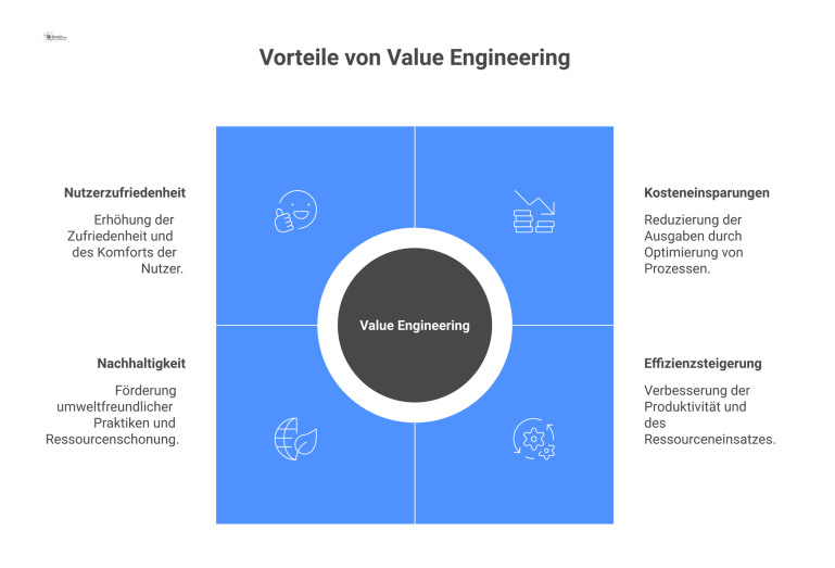 Die Vorteile von Value Engineering Infografik zu Value Engineering mit den vier Vorteilen: Kosteneinsparungen, Effizienzsteigerung, Nachhaltigkeit und Nutzerzufriedenheit, jeweils mit Symbolen dargestellt.